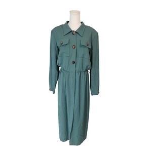 Lindsey Scott‎ Vintage 80s Dress Long Sleeve Collared Button Down Green Size 14